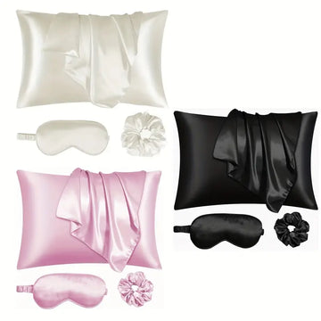 4-Piece Satin Pillowcase Set - Includes Eye Mask & Hair Tie