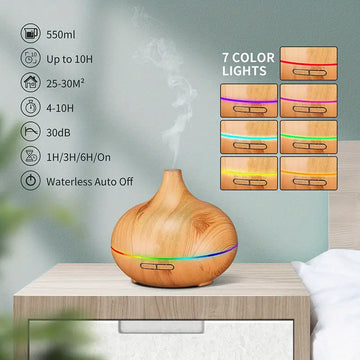 550ml Wood-Grain Aroma Diffuser - Large Room Cool Mist Humidifier