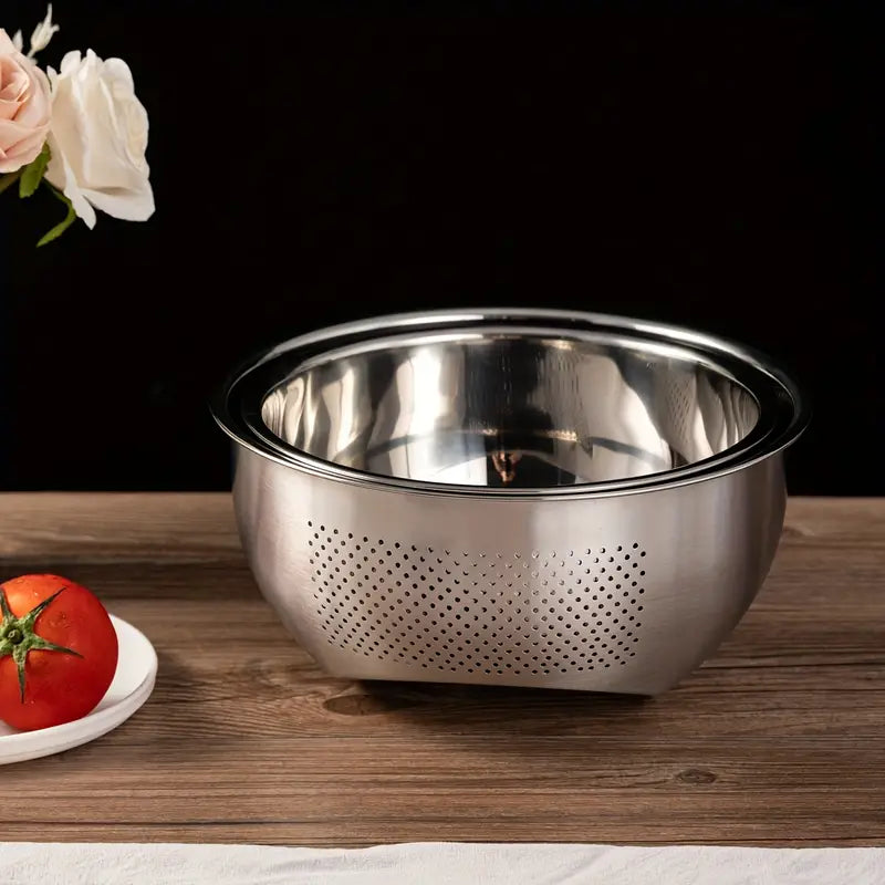 Stainless Steel Rice Washing Bowl With Side Drainer