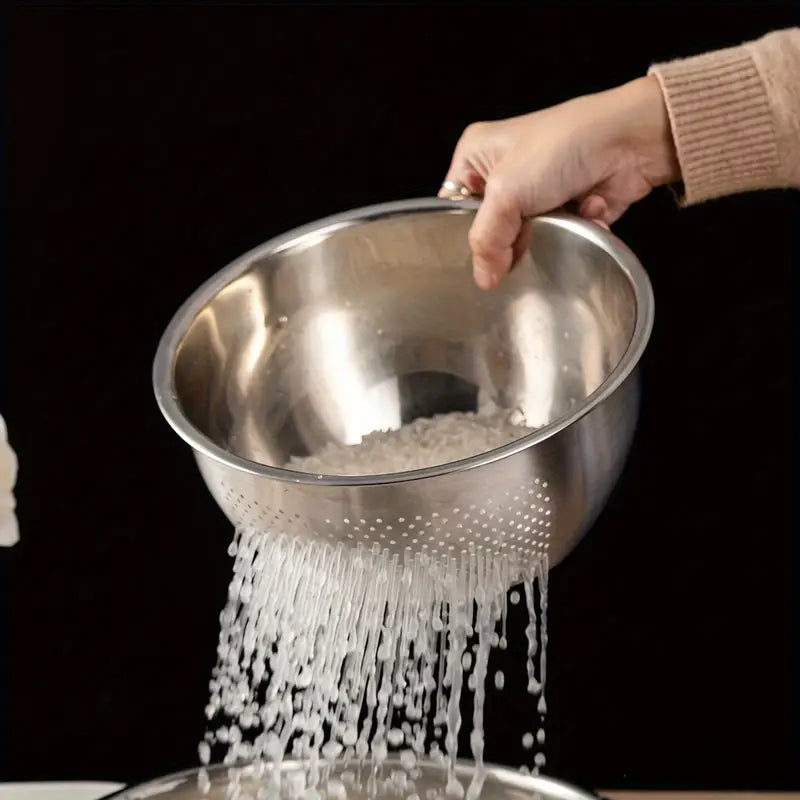 Stainless Steel Rice Washing Bowl With Side Drainer